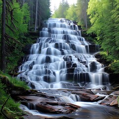 Wall Mural - Close-up of a beautiful forest waterfall with sunlight filtering through the trees, more clarity with clear light and sharp focus, high detailed