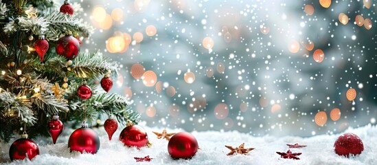 Aufkleber - A festive Christmas scene with a decorated tree holiday ornaments and a snowy backdrop ideal for a copy space image