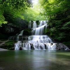 Wall Mural - Close-up of a beautiful forest waterfall with sunlight filtering through the trees, more clarity with clear light and sharp focus, high detailed
