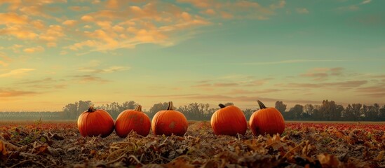 Poster - A row of four pumpkins in orange hues sits on a farm field ideal as a background for food vegetable produce and agriculture themed content alongside a blank space for text or design. Creative banner