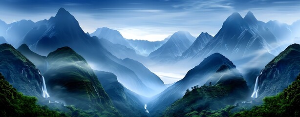 Wall Mural - Semi close-up of a beautiful mountain scene with a waterfall in the distance, more clarity with clear light and sharp focus, high detailed