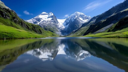 Wall Mural - Close-up of a serene mountain landscape with a lake reflecting the sky, more clarity with clear light and sharp focus, high detailed