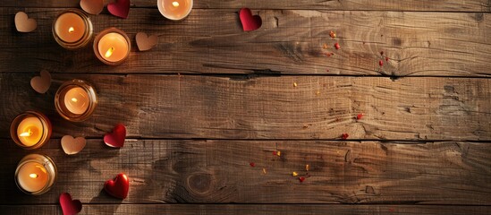 Leinwandbilder - Valentine s Day themed kraft paper with a wooden background featuring burning candles creating a romantic ambiance and a space for personalized holiday messages. Creative banner. Copyspace image