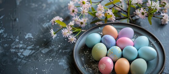 Fototapete - Easter concept with colorful eggs on a textured plate against a rustic background accompanied by a spring bouquet Close up festive display with copy space image