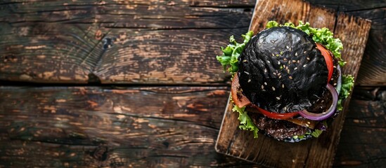 Wall Mural - A top down shot of a black burger with meat onions and lettuce set on a wooden backdrop providing empty space for additional content