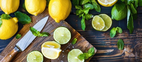 Poster - A half of a yellow lemon and a knife on a wooden cutting board along with fresh mojito drinks with lime and lemon creating a composition of delicious citrus fruits Copy space image