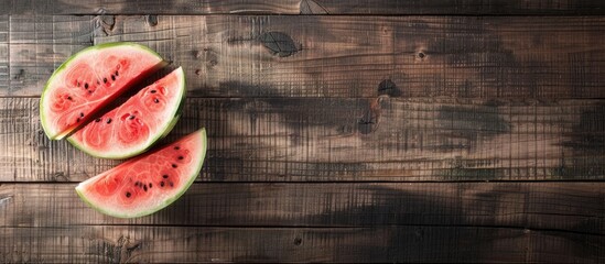 Poster - A sliced watermelon on rustic wood with copy space for designers