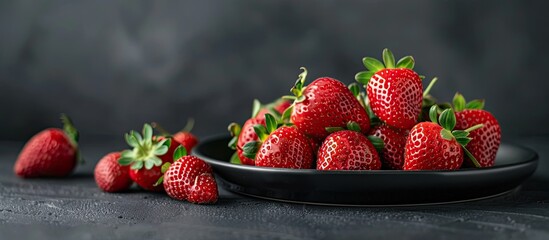 Poster - Fresh ripe red strawberries displayed on a black round plate against a black background featuring organic strawberries with green cuttings in a copy space image