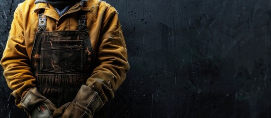 Poster - A worker in unique attire and gloves on a dark background in a horizontal banner with copy space image