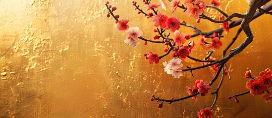 Leinwandbilder - Plastic cherry blossom and plum branches staged artfully against a gold backdrop in a copy space image