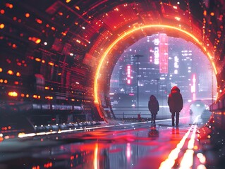 Sticker - Futuristic Neon Lit Spaceport with Glowing Travelers in City Landscape