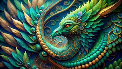 Wall Mural - The Serpent's Embrace: A Tapestry of Feathers and Jade  generative AI