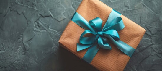 Poster - Single gift box with brown wrapping and blue ribbon on top creating a festive holiday concept The close up top view showcases the present with a plain background and ample copy space image