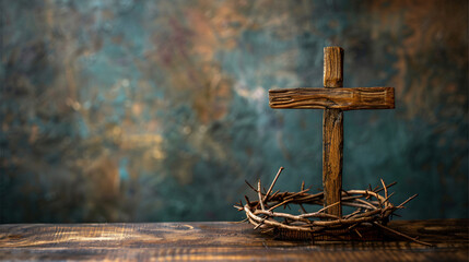 Wall Mural - Wooden cross and a crown of thorns placed on a wooden table