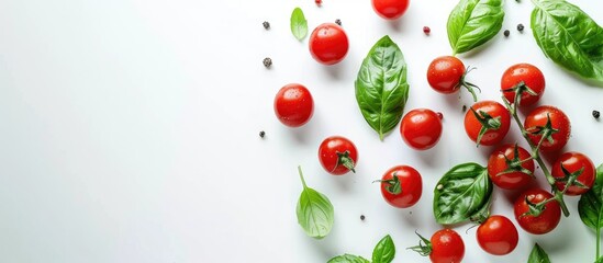 Aufkleber - Organic red cherry tomatoes and green basil on a white background Glossy clean eating veggies with a vegetarian diet in a flat lay top view Copy space image included
