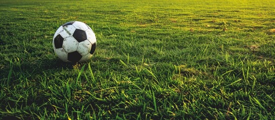 A soccer ball rests on the lush green football field with ample copy space image available