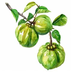 Sticker - Vibrant Watercolor Illustration of Fresh Garcinia Cambogia Atroviridis Fruit, a Superfood Rich in Antioxidants