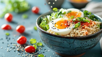 Wall Mural - A bowl of food with eggs and vegetables is on a table. Scene is lively and energetic