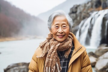 Canvas Print - Portrait of a happy asian woman in her 80s dressed in a warm wool sweater over backdrop of a spectacular waterfall