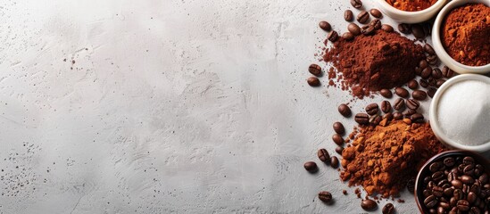 Aufkleber - Copy space image featuring ingredients for a caffeine infused drink like coffee beans ground and instant coffee set against a light concrete backdrop for a banner