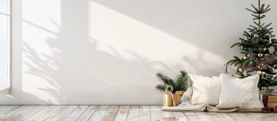 Aufkleber - Background of a white wall and wooden floor with wide open space for your decorations and cozy pillows perfect for Christmas with room for a copy space image