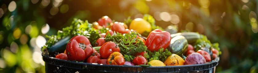 Canvas Print - A container of vegetables is shown with a green background. The vegetables include carrots, broccoli, and tomatoes. The container is yellow and he is overflowing with fresh produce