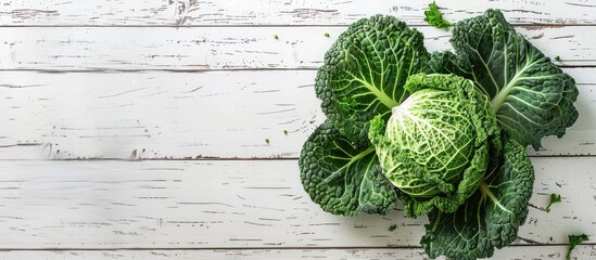 Poster - Organic savoy cabbage displayed on a white wooden table with copy space image