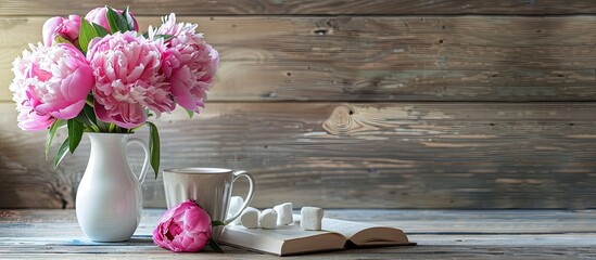 Aufkleber - A light wooden surface with pink peonies a book a cup and marshmallows in a white vase forming a cozy setup suitable for breakfast or a coffee break with designated copy space image