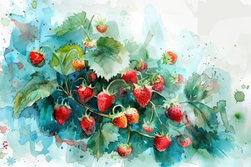 Sticker - Vibrant Wild Strawberry Arrangement. Watercolor Illustration of Fresh Ripe Berries with Delicate Flower on White Background