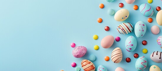 Poster - Easter theme with candies like chocolate eggs and jellybeans on a pastel blue background in a minimalistic flat lay style with space for text or images. Creative banner. Copyspace image