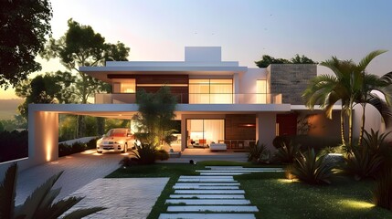 Poster - Modern House Exterior Design With Landscaping And A Car