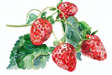 Sticker - Vibrant Wild Strawberry Harvest. Hand-Drawn Watercolor Illustration of Ripe Summer Berries and Leaves