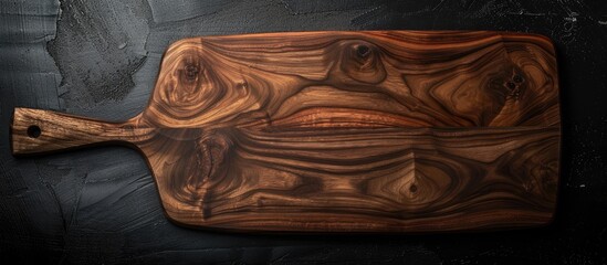 Aufkleber - Handmade walnut wood cutting board displayed on a black surface with copy space image
