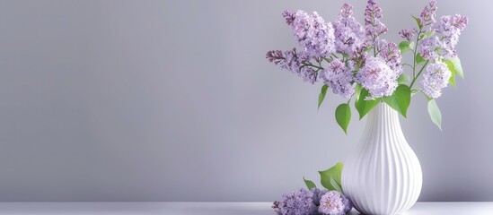 Leinwandbilder - A white vase holding a bouquet of lilac with copy space image