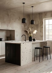 Wall Mural - Modern Kitchen Island With Terrazzo Countertop And Black Stools