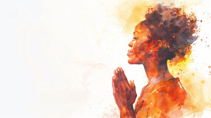 Watercolor painting of a young woman deep in prayer, expressing a sense of hope and spirituality