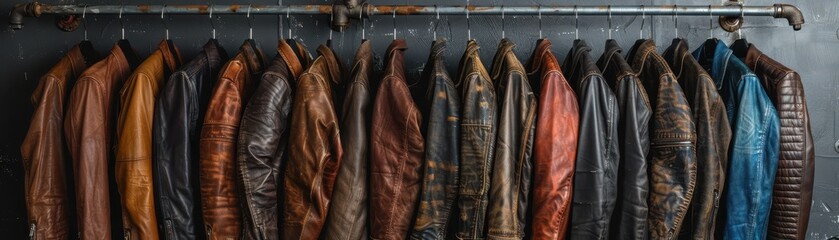 Wall Mural - A rack of leather jackets and denim jackets hanging on a wall. The jackets are of various colors and styles, and the overall mood of the image is that of a clothing store or a fashion boutique