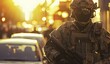 © TigerDude - A special forces soldier in full gear, holding an assault rifle and wearing body armor with the blurred background of police cars on street with people walking by,