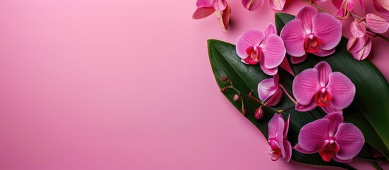 Aufkleber - Orchid flowers and leaves beautifying color background with copy space image