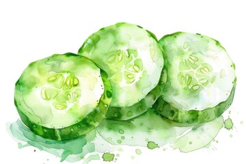 Poster - Watercolor Green Cucumber Slices, Fresh Organic Ingredient on White Background