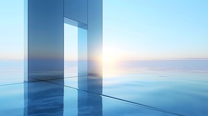 Wall Mural - Serene Reflection: A Modern Glass Portal Overlooking Tranquil Waters at Sunrise