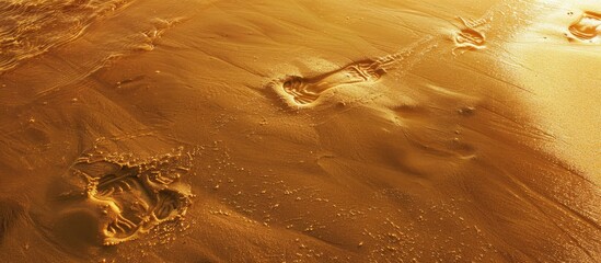 Poster - On the golden sand there are partial footprints from bare feet The raised edges create shadows and shape an abstract pattern within the copy space image