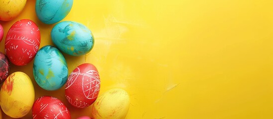 Aufkleber - Easter concept with vibrant eggs on a yellow background for festive occasions like holiday cards or posters in this studio copy space image