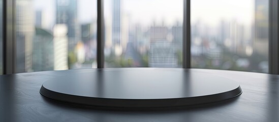 Aufkleber - round table with a blank black sign board set against a blurry background providing copy space image