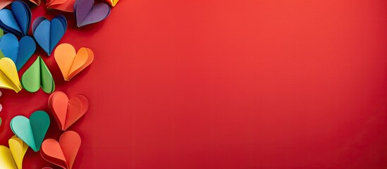 Aufkleber - LGBT concept represented by a frame with colorful paper hearts on a red background with copy space image