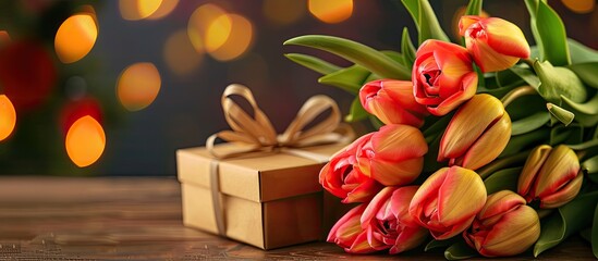 Sticker - Tulips and a gift box displayed on a wooden table with copy space image