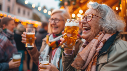 stockphoto, elderly happy women having fun on the oktoberfest, drinking a big beer. Senior woman at the october fest in Germany, Münich, enjoying a glass of beer. Happy woman drinking together.