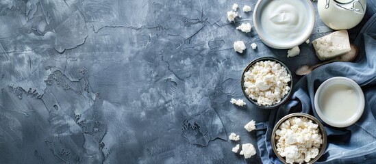 Aufkleber - Top view of a grey table with a blue tablecloth showcasing various fresh dairy products like milk cottage cheese and yogurt including copy space image