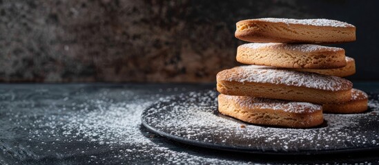 Poster - Italian Savoiardi ladyfingers biscuits displayed against a dark concrete backdrop creating a sophisticated and elegant look with copy space image
