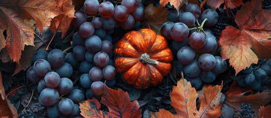 Poster - Fall themed arrangement featuring an orange pumpkin surrounded by grapes and autumn leaves creating a cozy and festive copy space image